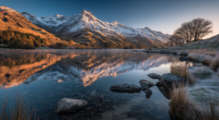 Poster - Snowy Mountain Peaks Reflected in Calm Lake at Sunrise, Showcasing Natural Beauty and Environmental Awareness for Sustainable Tourism