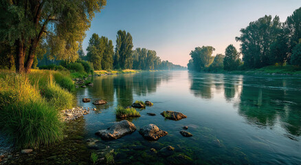 Poster - Tranquil River Flowing Through Lush Green Landscape at Dawn, Representing Environmental Conservation and Serene Escape