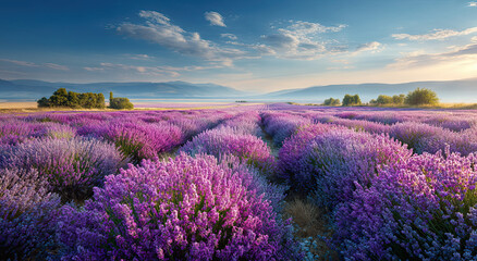 Leinwandbilder - Lavender Field in Provence at Sunrise, Representing Tranquility and Aromatherapy Wellness, Ideal for Travel and Tourism Marketing