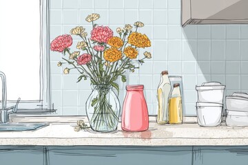 Aufkleber - Bright Flower Arrangement on Kitchen Counter Adds Life to Cozy Cooking Space With Soft Morning Light Illuminating the Scene