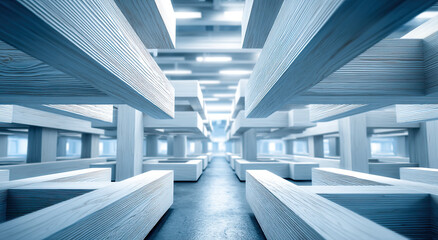 Fototapete - Abstract White Wooden Beams in Perspective View, Representing Architectural Innovation and Structural Integrity for Construction Projects and Engineering Solutions