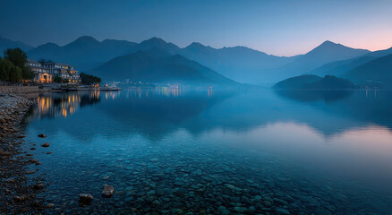 Poster - Tranquil Lake Reflecting Mountains at Dusk, Evoking Serenity and Peaceful Retreat for Wellness Tourism and Destination Marketing