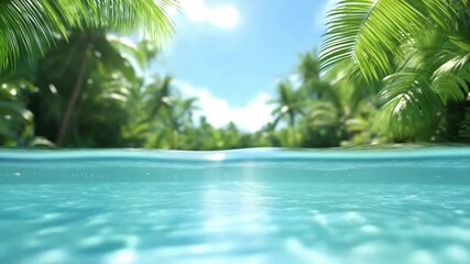 Poster - Tropical Paradise: Lush palm trees frame a crystal-clear lagoon, the turquoise water mirroring the bright sky and sun. capturing a sense of serenity and escapism.