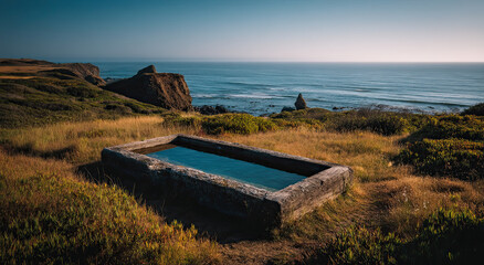 Poster - Stone Water Trough Overlooking Ocean Cliffs at Sunset, Representing Tranquility and Escape for Travel and Tourism Marketing Campaigns