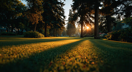 Fototapete - Sunlight Streaming Through Trees in a Park Setting, Ideal for Outdoor Recreation and Promoting a Sense of Peace and Well-Being