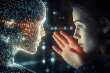 female programmer scientist trains artificial intelligence in form of digital cloud