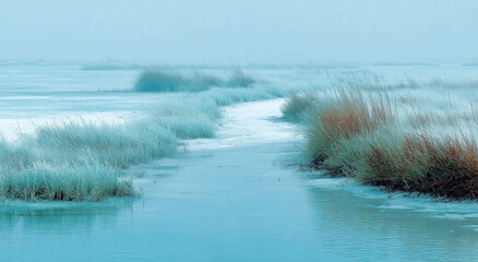 Poster - Frozen River Flowing Through Snowy Marshland on Cold Winter Morning, Representing Tranquility and Environmental Conservation