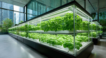 Fototapete - Vertical Farm Growing Basil in Modern Office Building, Showcasing Sustainable Business and Urban Agriculture Innovation