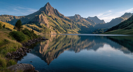 Poster - Scenic Mountain Lake Reflecting Peaks at Sunrise, Showcasing Environmental Conservation and Natural Beauty, Ideal for Travel and Tourism