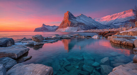 Poster - Scenic View of Snow-Capped Mountains Reflecting in Clear Water at Sunset, Showcasing Natural Beauty and Tranquil Destination for Travel and Tourism