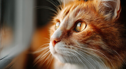 Aufkleber - Ginger Cat Gazing Out Window With Golden Eyes, Evoking Pet Ownership and Animal Companionship