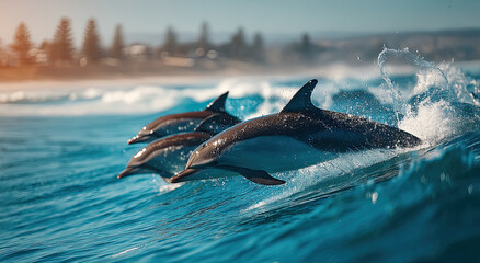 Poster - Three Dolphins Jumping Out of the Ocean Waves, Symbolizing Marine Conservation and Aquatic Exploration, Perfect for Tourism and Environmental Awareness Campaigns