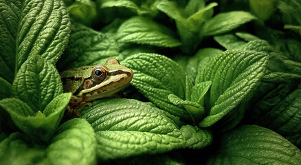 Poster - Green Frog Partially Hidden Among Bright Green Leaves, Symbolizing Nature's Resilience and Environmental Awareness, Ideal for Conservation Projects