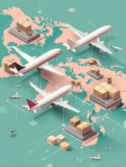 Leinwandbilder - Global Package Delivery Illustrated With Planes Transporting Boxes Over a World Map in Light Layout