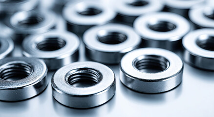 Aufkleber - Shiny Metal Washers Close-Up on a Light Surface, Representing Precision Engineering and Industrial Manufacturing