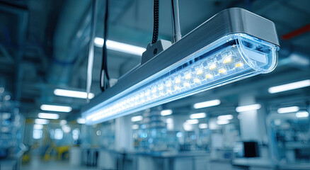Aufkleber - Modern LED Light Fixture in a Factory Setting, Showcasing Energy Efficiency and Industrial Innovation for Sustainable Manufacturing