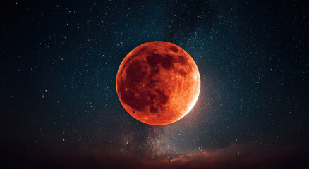 Poster - Blood Moon Shining Brightly Against Starry Sky, Inviting Reflection and Astrological Exploration, Perfect for Space and Science Education