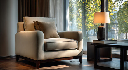 Poster - Comfortable Armchair and Lamp Near Window in Bright Room, Representing Relaxation and Home Decor Inspiration for Interior Design Projects