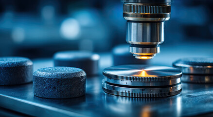 Poster - Microscope Lens Examining Metal Samples in Laboratory Setting, Illustrating Scientific Research and Technological Innovation