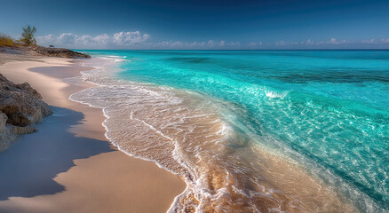 Poster - Turquoise Ocean Waves Gently Washing Ashore on a Sandy Beach, Evoking Summer Vacation and Coastal Relaxation