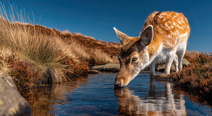 Poster - Fallow Deer Drinking From a Clear Pond in the Highlands, Representing Wildlife Conservation and Environmental Awareness in Nature Photography