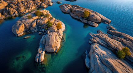 Poster - Aerial View of Rocky Islands in Turquoise Water at Sunset, Showcasing Serenity and Ecotourism Destinations for Vacation Planning