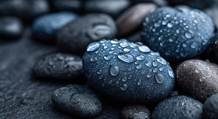 Fototapete - Wet River Stones in Blue and Gray Hues, Symbolizing Serenity and Natural Wellness for Spa and Relaxation