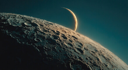 Poster - Crescent Moon Rising Over Lunar Surface, Evoking Space Exploration and Scientific Discovery, Ideal for Astronomy Education and Cosmic Awareness Campaigns