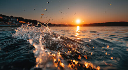 Poster - Ocean Wave Splashing at Sunset, Inspiring Serenity and a Sense of Coastal Escape for Summer Travel and Vacations