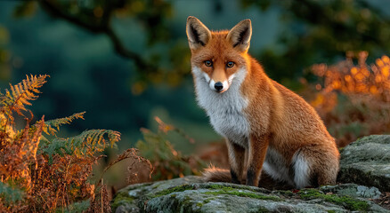 Aufkleber - Red Fox Sitting on a Mossy Rock in Autumnal Light, Representing Wildlife Conservation and Natural Beauty for Eco-Tourism