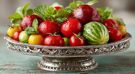Aufkleber - Fresh Tomatoes and Cucamelons on Silver Platter, Showcasing Healthy Eating and Culinary Presentation, Ideal for Food Bloggers and Recipe Developers