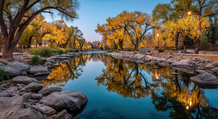 Poster - Autumn River Landscape With Golden Trees Reflected in Water, Evoking Serenity and Environmental Awareness for Nature Conservation Campaigns