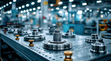 Leinwandbilder - Precision Metal Parts on a Factory Table, Showcasing Industrial Manufacturing and Engineering Excellence for Product Development and Supply Chain Management