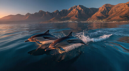 Poster - Two Dolphins Leaping From Ocean at Sunset, Showcasing Marine Conservation and Ecotourism, With Mountains in the Distance