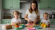 © Tadeu - Mother Preparing Healthy School Lunches for Children in Kitchen Happy Family Lifestyle Concept