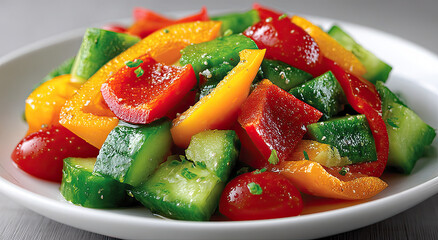 Poster - Fresh Salad With Colorful Bell Peppers and Cucumbers on a White Plate, Promoting Healthy Eating and Culinary Inspiration