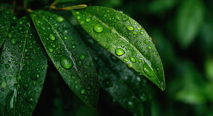 Aufkleber - Close-Up of Green Leaves Covered in Raindrops, Symbolizing Environmental Awareness and Natural Beauty for Sustainable Living Projects