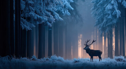 Poster - Majestic Stag Standing in a Snowy Forest at Dusk, Evoking Winter Solitude and Connection to Nature, Ideal for Seasonal Marketing Campaigns