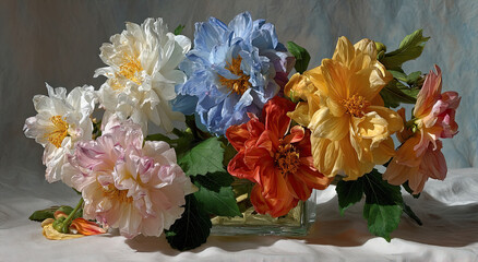 Poster - Colorful Dahlia Flowers in a Glass Vase, Symbolizing Beauty and Floral Design for Home Decor and Celebratory Events