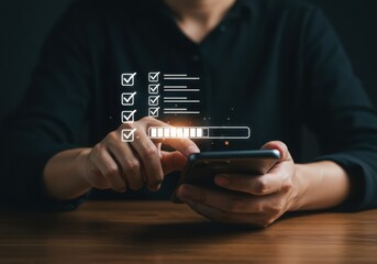 Person using smartphone with checklist isolated on white background