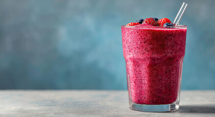 Poster - Berry Smoothie in Glass with Straw Against Blue Backdrop, Representing Healthy Eating and Refreshing Summer Beverage Choices for Wellness and Nutrition