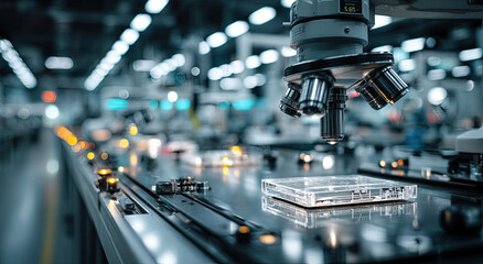 Aufkleber - Microscope on Workbench in Manufacturing Lab, Showcasing Scientific Discovery and Technological Advancement for Industrial Research and Development