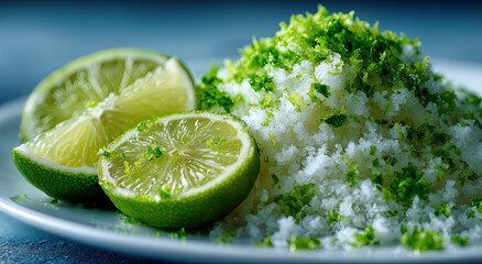 Aufkleber - Sliced Limes With Zest and Sugar on a Plate, Representing Freshness and Healthy Eating for Culinary Arts and Recipe Inspiration