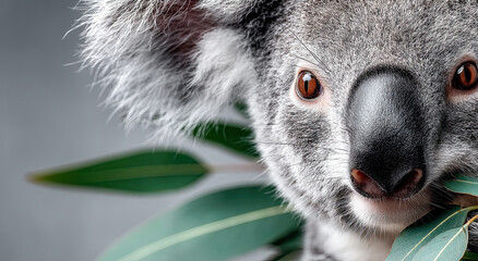 Poster - Close-Up of a Koala Eating Eucalyptus Leaves, Symbolizing Wildlife Conservation and Environmental Awareness, Perfect for Nature-Themed Campaigns