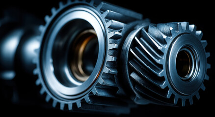 Aufkleber - Close-Up of Interlocking Gears in Blue Tones, Illustrating Engineering Precision and Industrial Innovation for Manufacturing Solutions and Technological Advancement