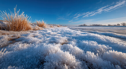 Poster - Frost Covered Grass on a Cold Winter Day Under Clear Blue Sky, Illustrating Natural Beauty and Seasonal Change for Travel and Tourism Promotion