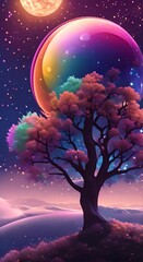 Wall Mural - a colorful surreal tree with bubble stands tall against a starry night sky with moon 4k vertical
