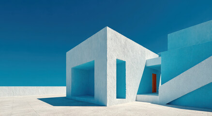 Fototapete - Minimalist Architecture With Blue Accents Under Clear Sky, Showcasing Modern Design and Urban Planning