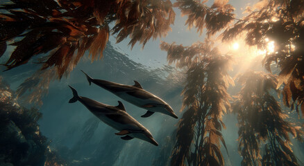 Poster - Two Dolphins Swimming Through Kelp Forest With Sunlight, Symbolizing Marine Conservation and Ecosystem Exploration