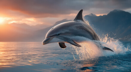 Poster - Dolphin Leaping From Ocean at Sunset, Representing Marine Conservation and Environmental Awareness, Ideal for Tourism and Wildlife Campaigns